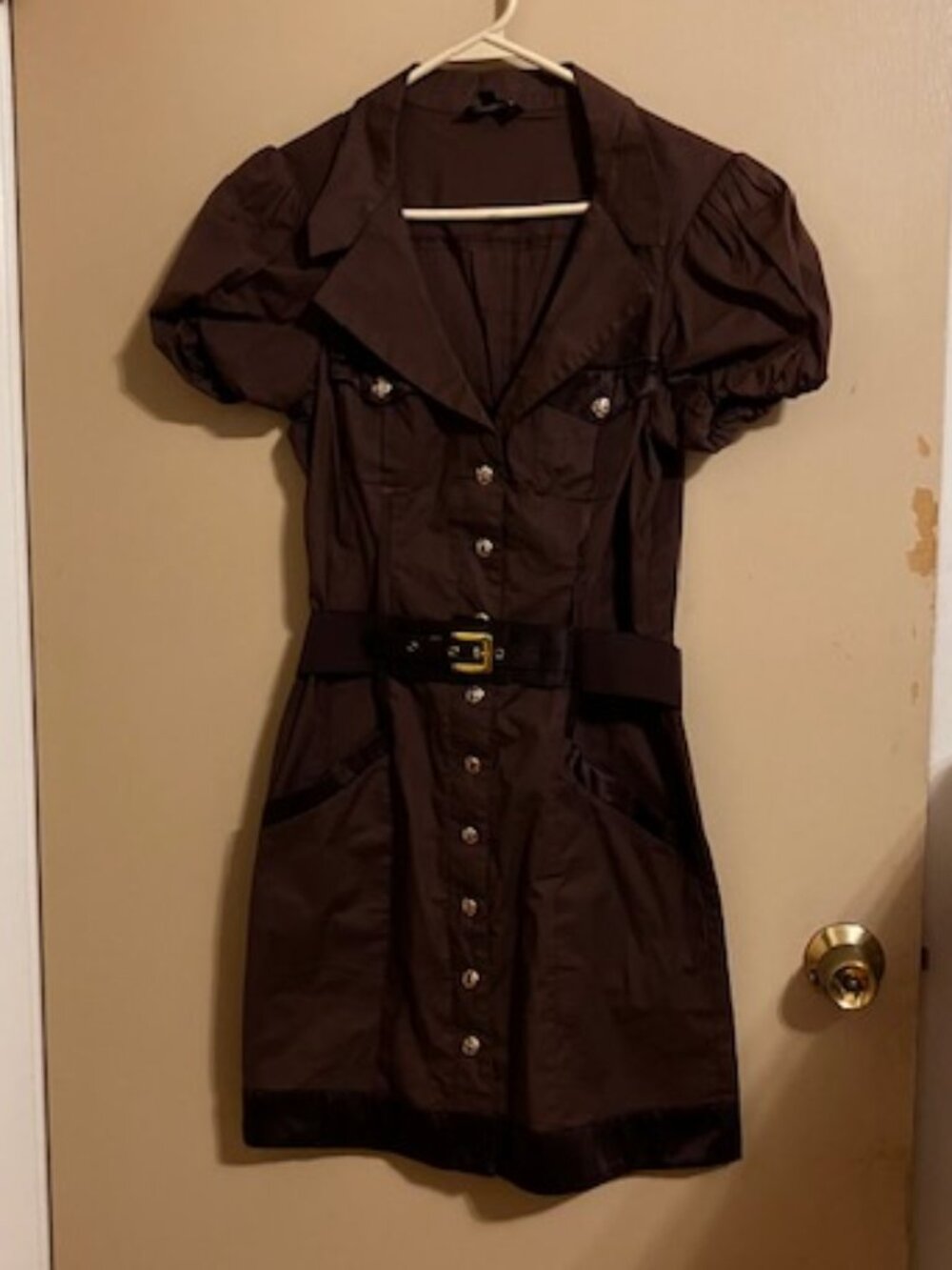 Bebe Brown Belted Gold Button Dress